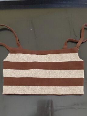 Free People Movement - Striped Brown and Cream Ribbed Crop Top